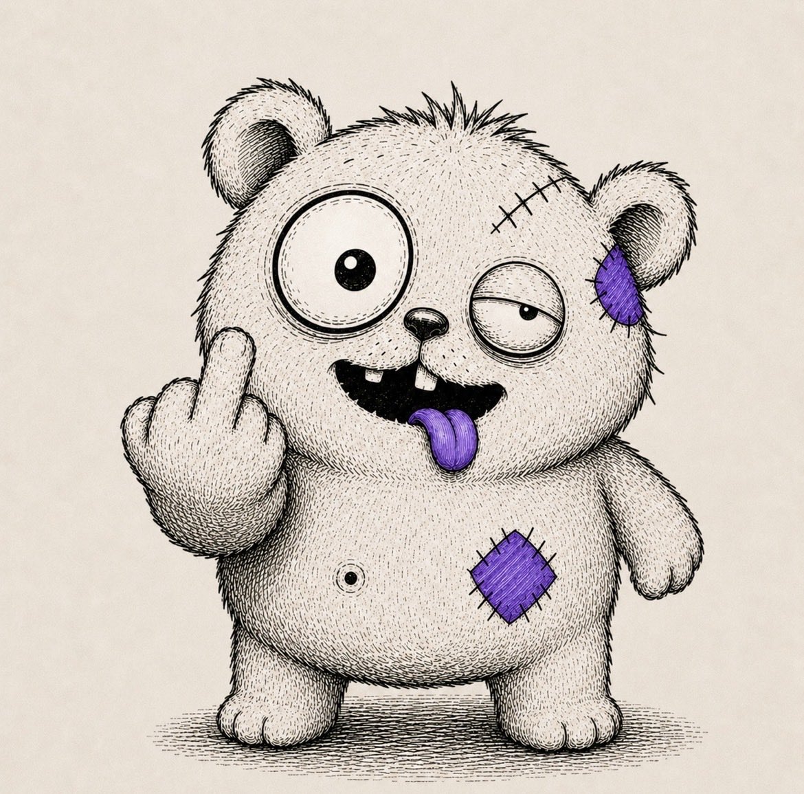 GLUMBO, a small grey stitched bear, standing beside an ink balance